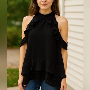 Elegant Black Ruffle Halter Top. EUC. Size Small